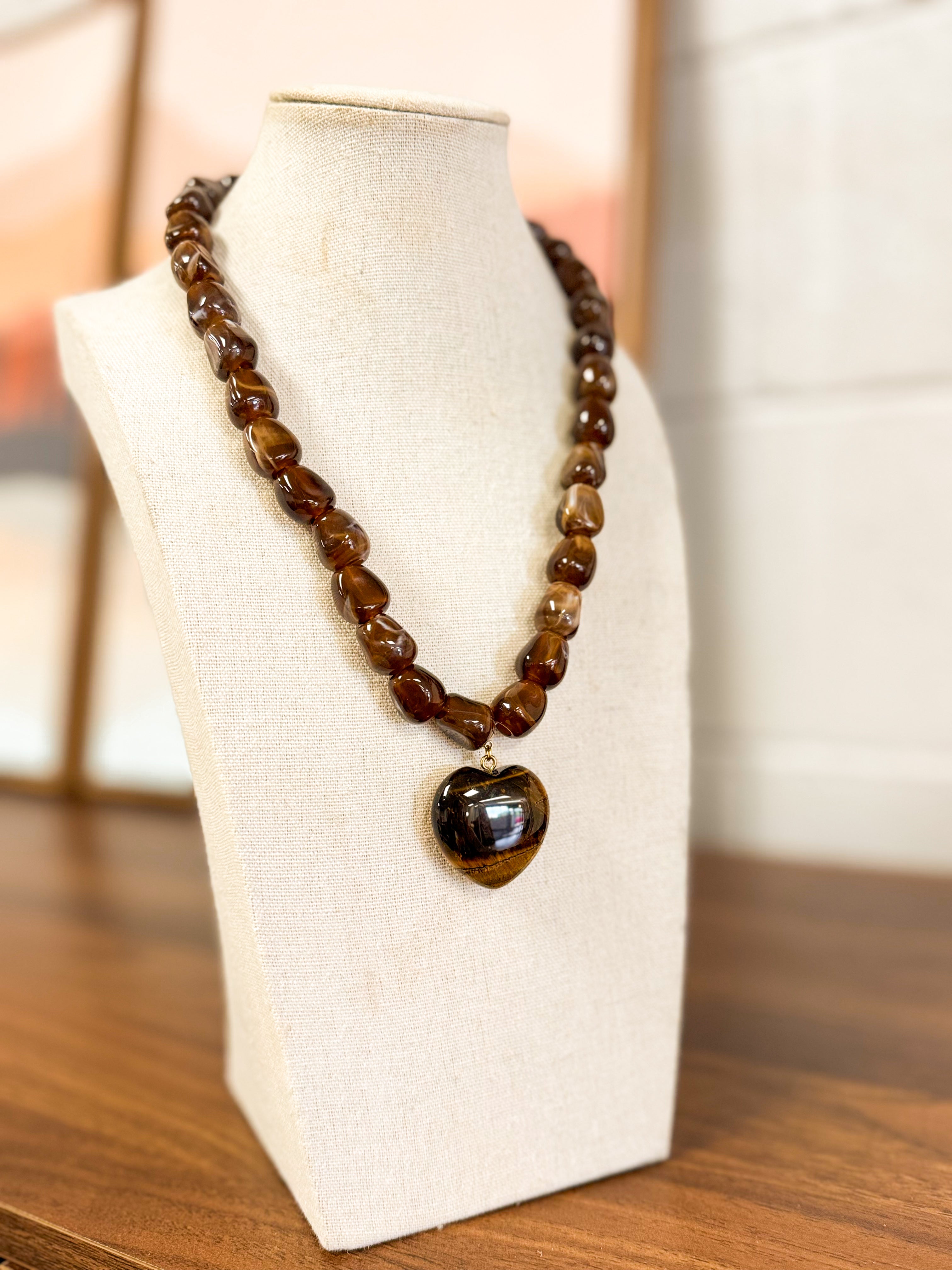 Stone Heart Pendant Beaded Necklace - Brown - Lace and Grace Boutique
