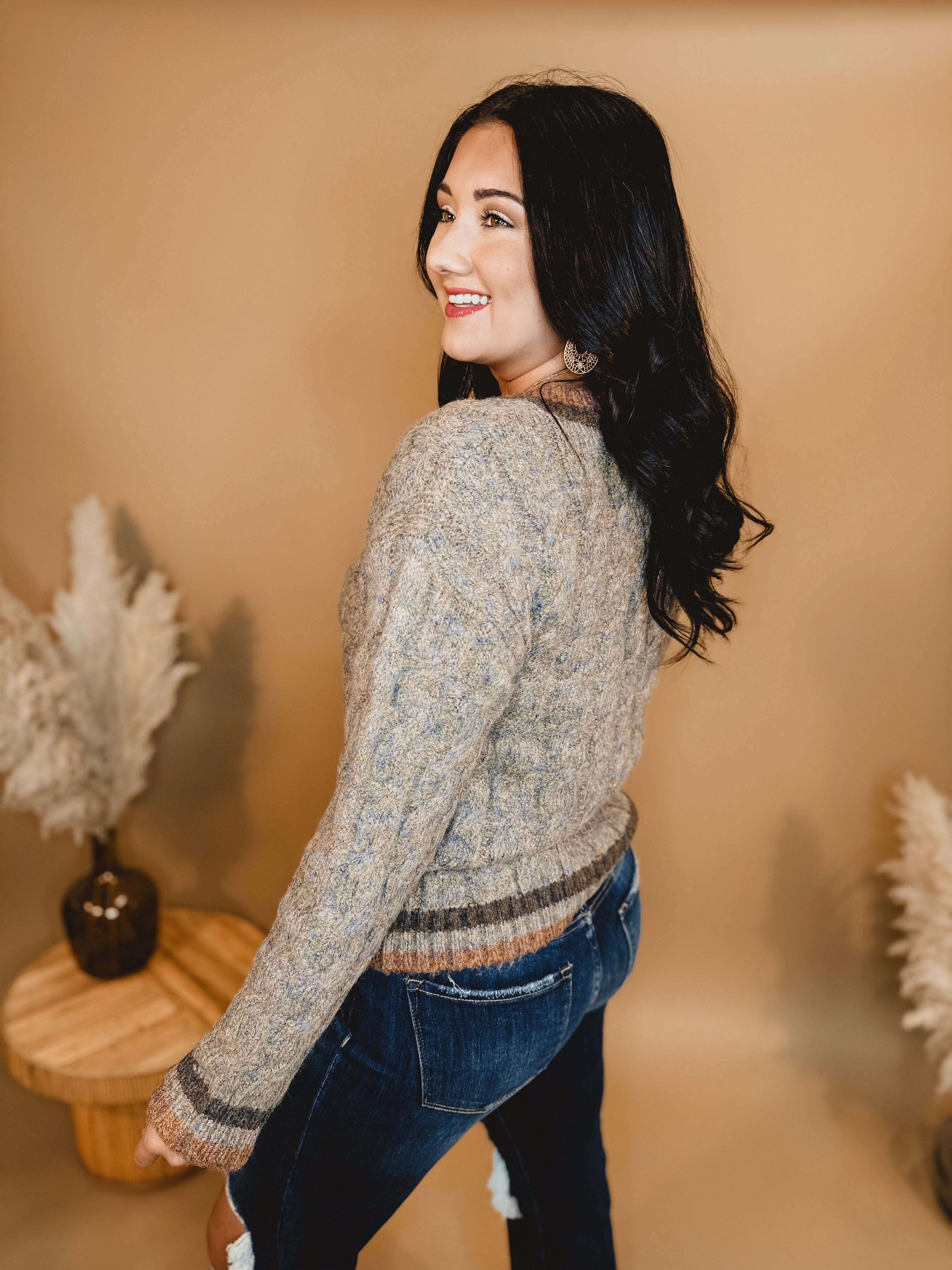 Cable Knit V-Neck Sweater - Taupe - Lace and Grace Boutique