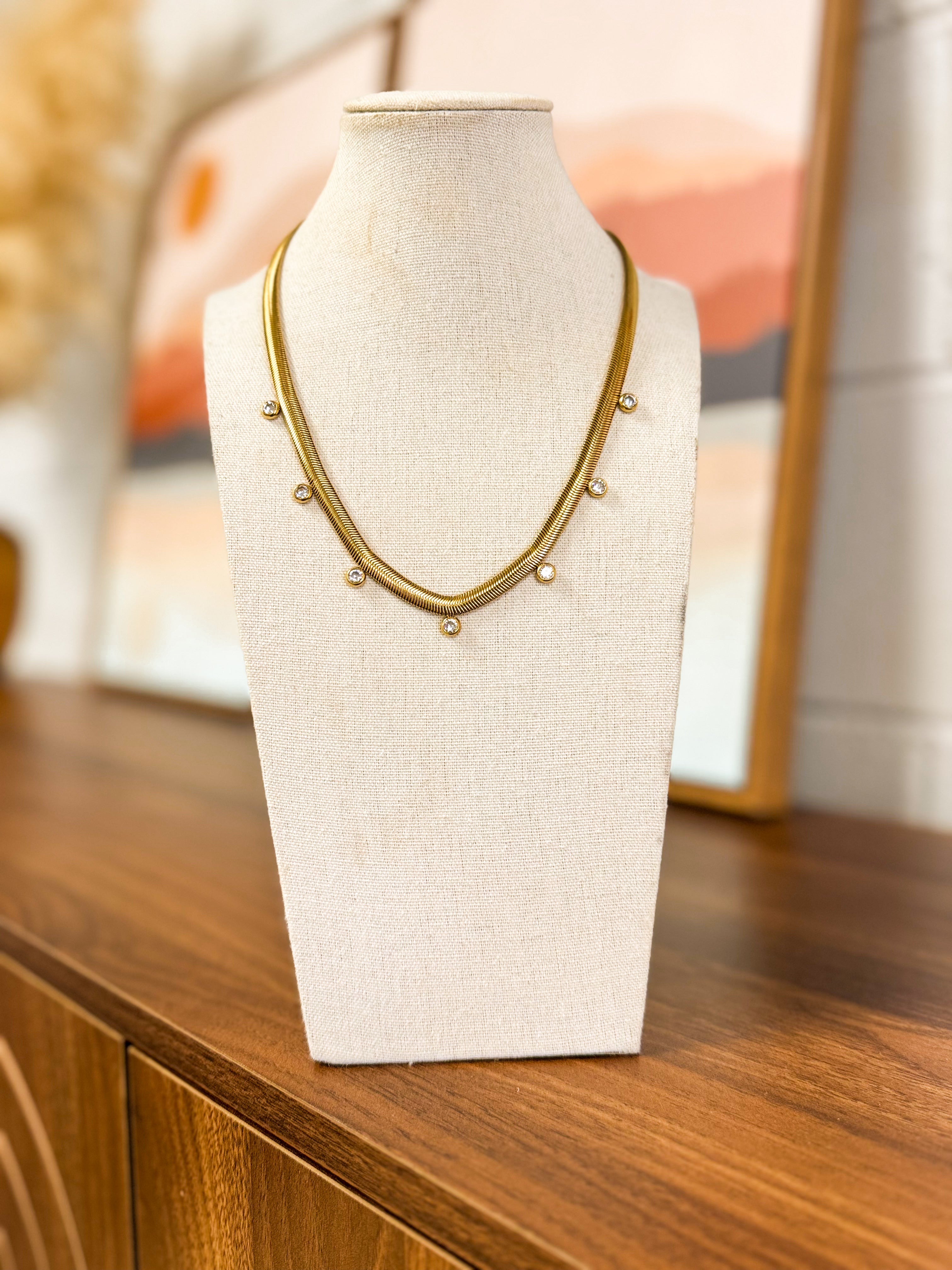 Rhinestone Detail Herringbone Statement Necklace - Lace and Grace Boutique