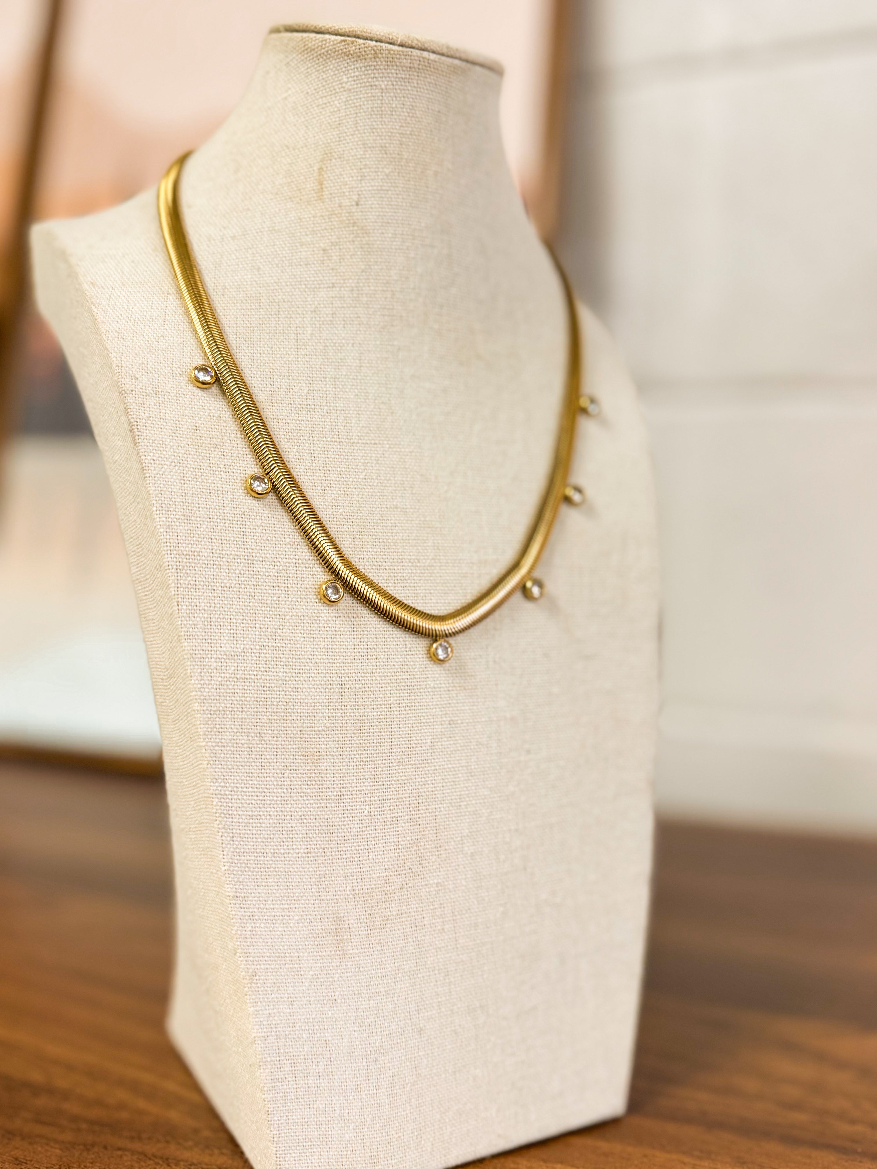 Rhinestone Detail Herringbone Statement Necklace - Lace and Grace Boutique