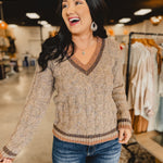 Cable Knit V-Neck Sweater - Taupe - Lace and Grace Boutique