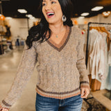 Cable Knit V-Neck Sweater - Taupe - Lace and Grace Boutique