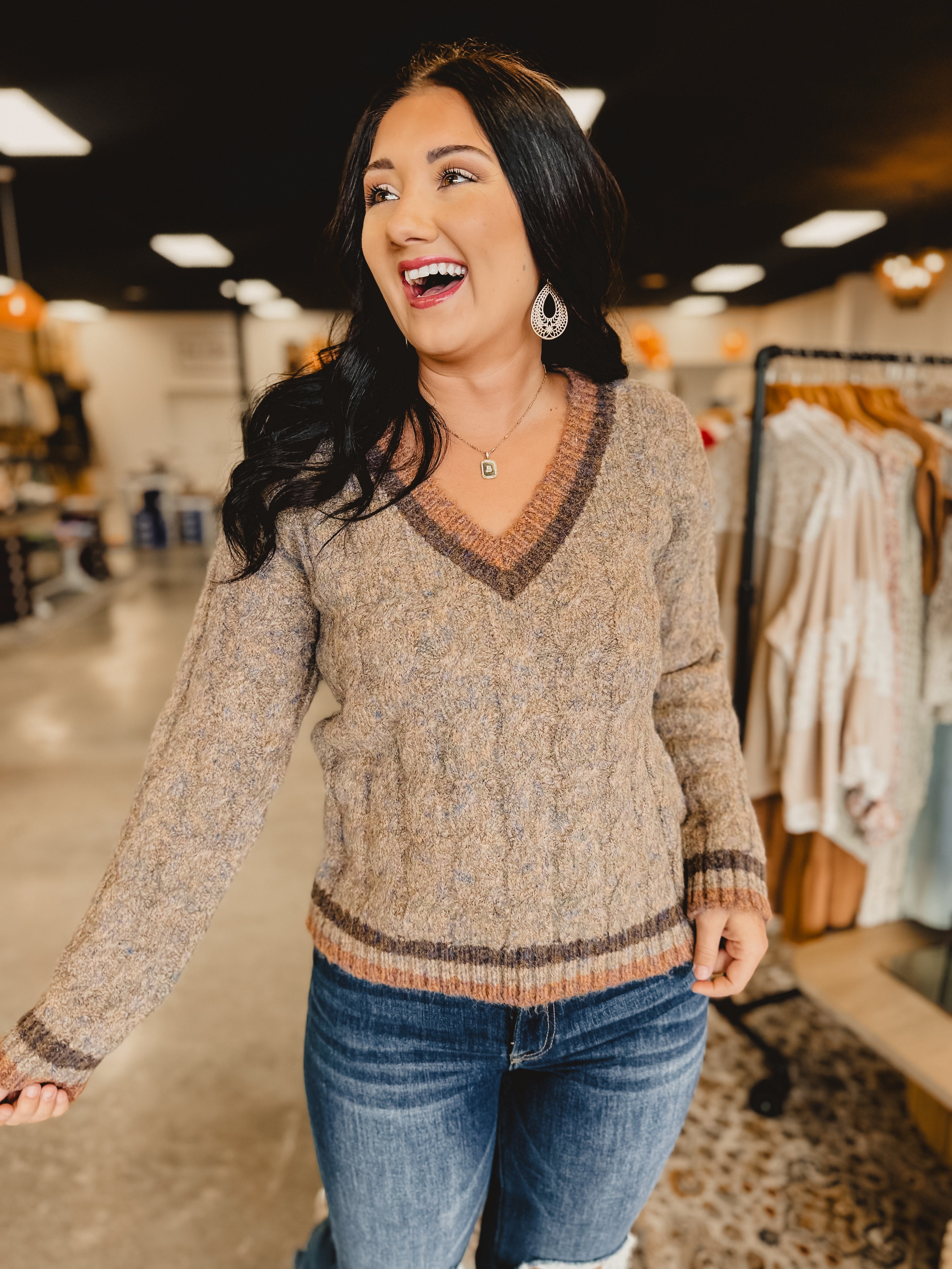 Cable Knit V-Neck Sweater - Taupe - Lace and Grace Boutique