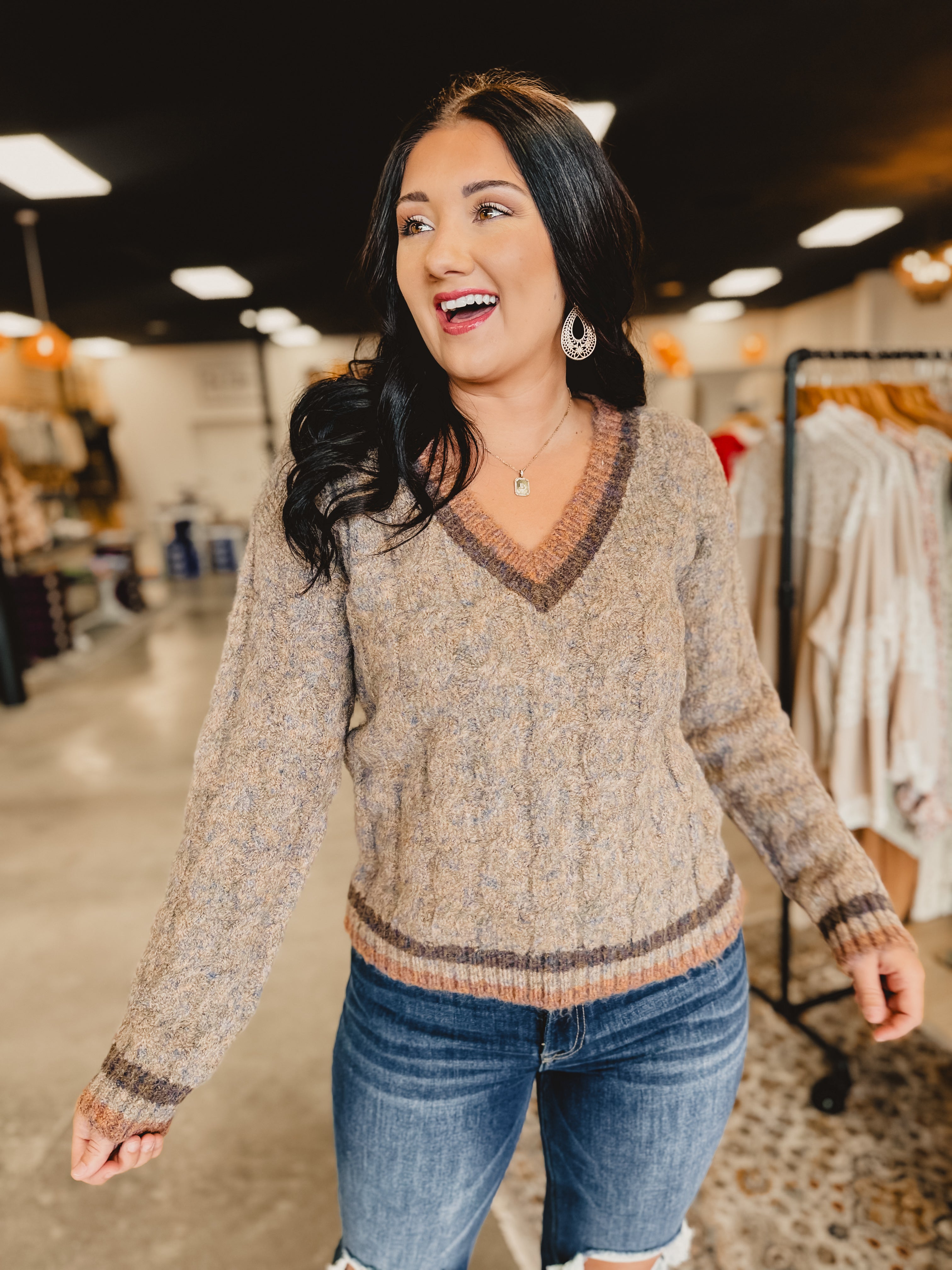 Cable Knit V-Neck Sweater - Taupe - Lace and Grace Boutique