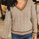 Cable Knit V-Neck Sweater - Taupe - Lace and Grace Boutique