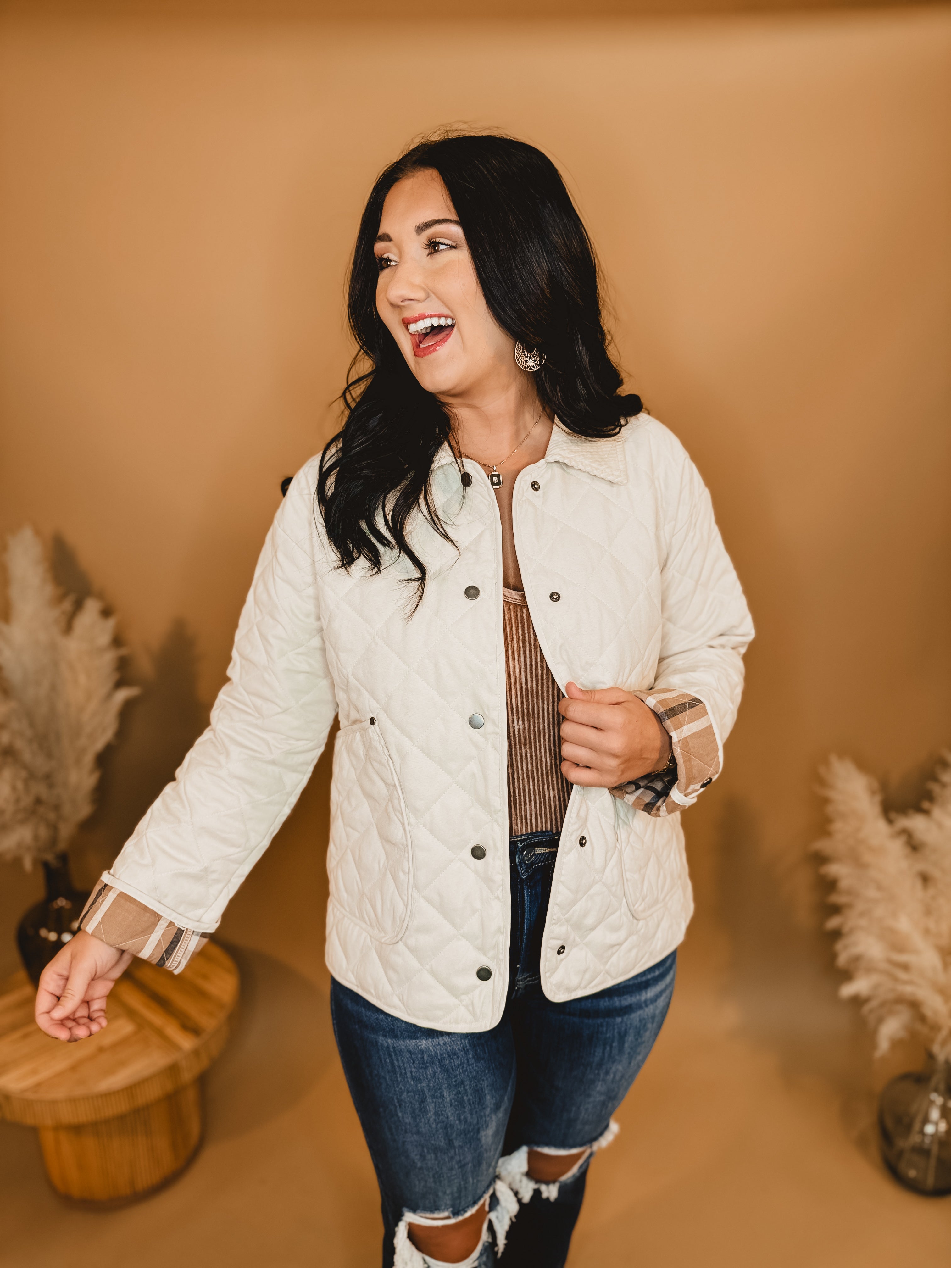 Plaid Lined Quilted Jacket - Ivory - Lace and Grace Boutique