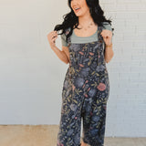 Flower Printed Vintage Washed Overalls - Black Denim