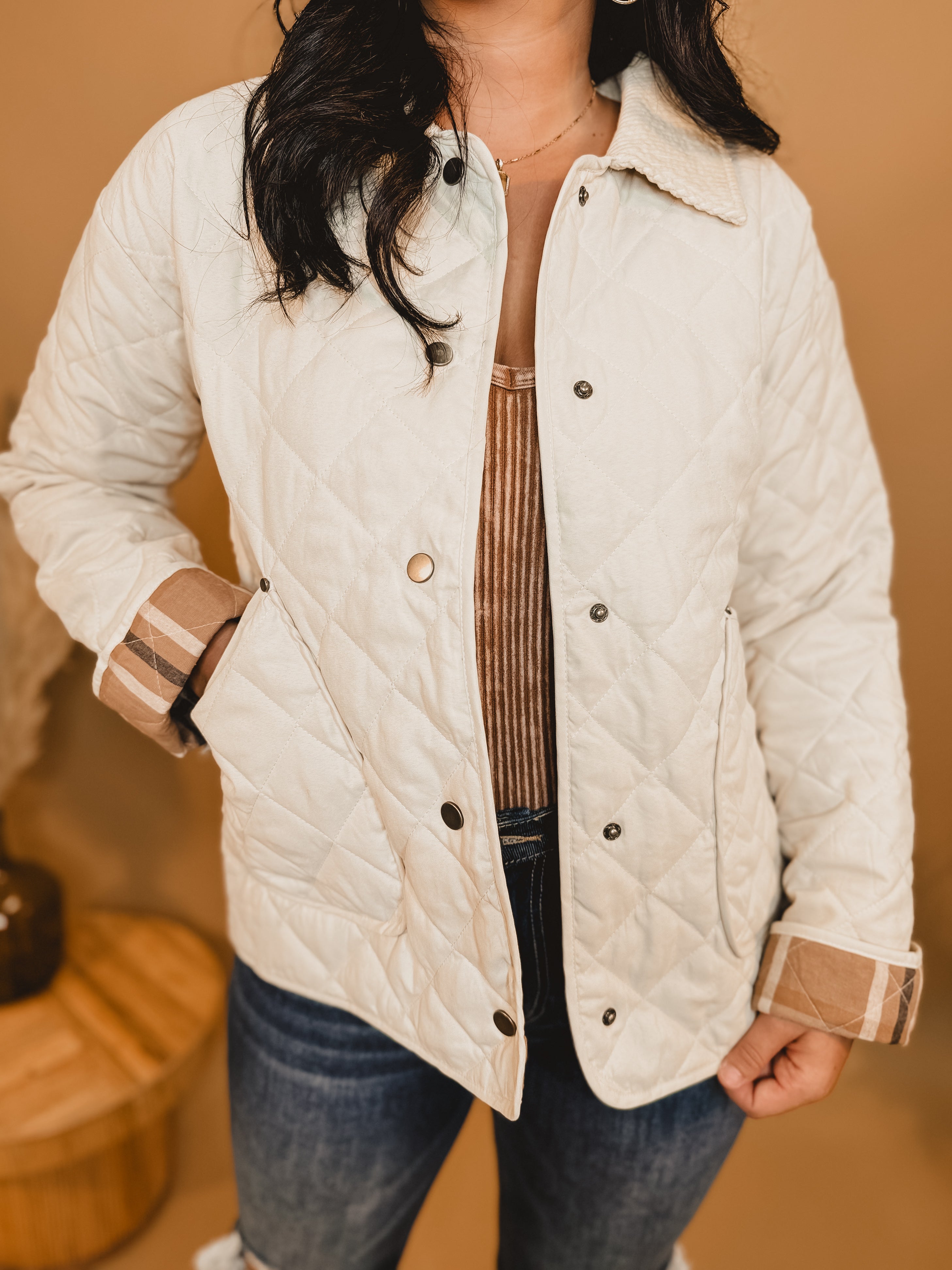 Plaid Lined Quilted Jacket - Ivory - Lace and Grace Boutique