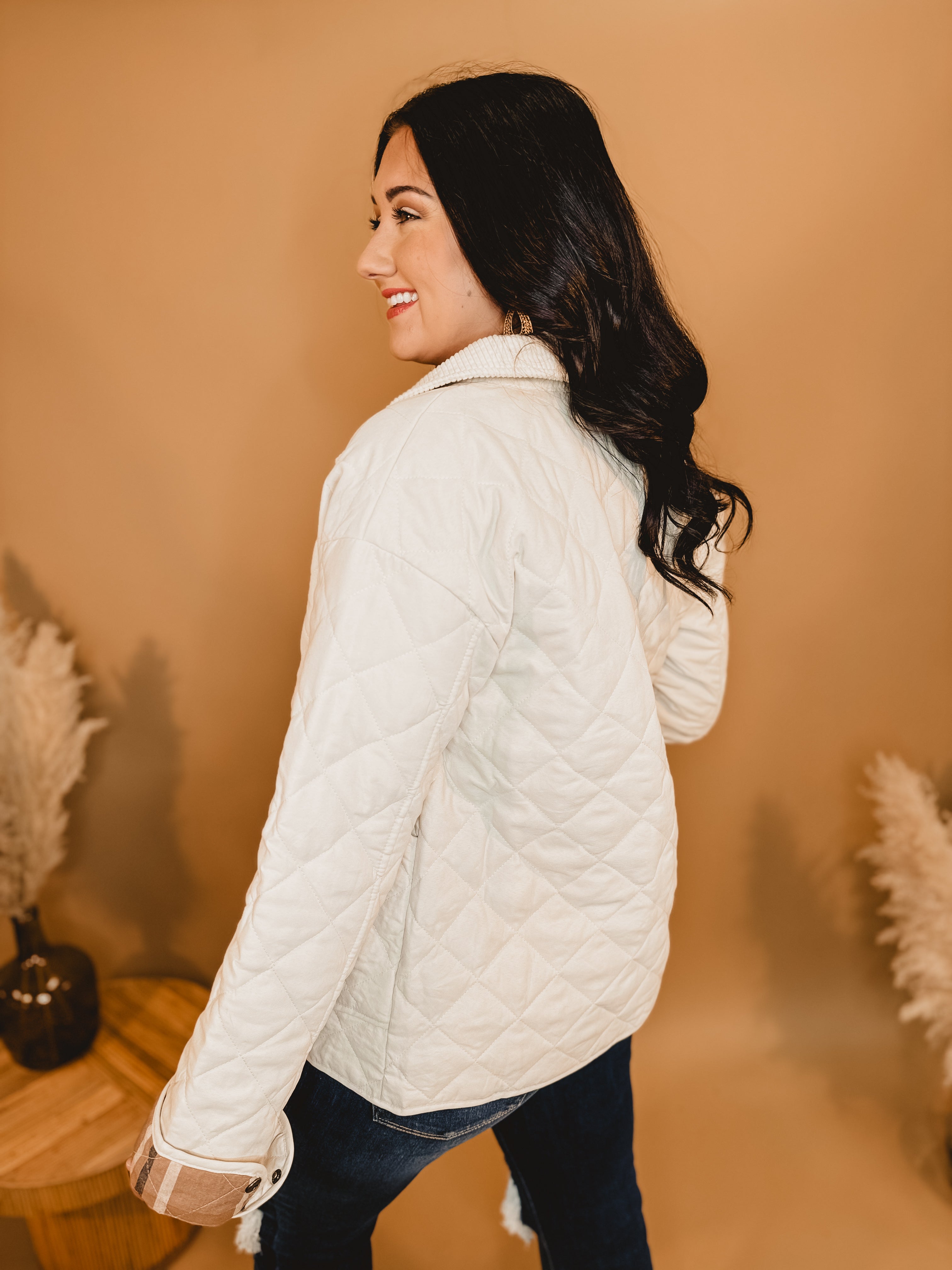 Plaid Lined Quilted Jacket - Ivory - Lace and Grace Boutique