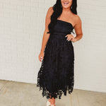 Strapless Woven Lace Midi Dress - Black - Lace and Grace Boutique