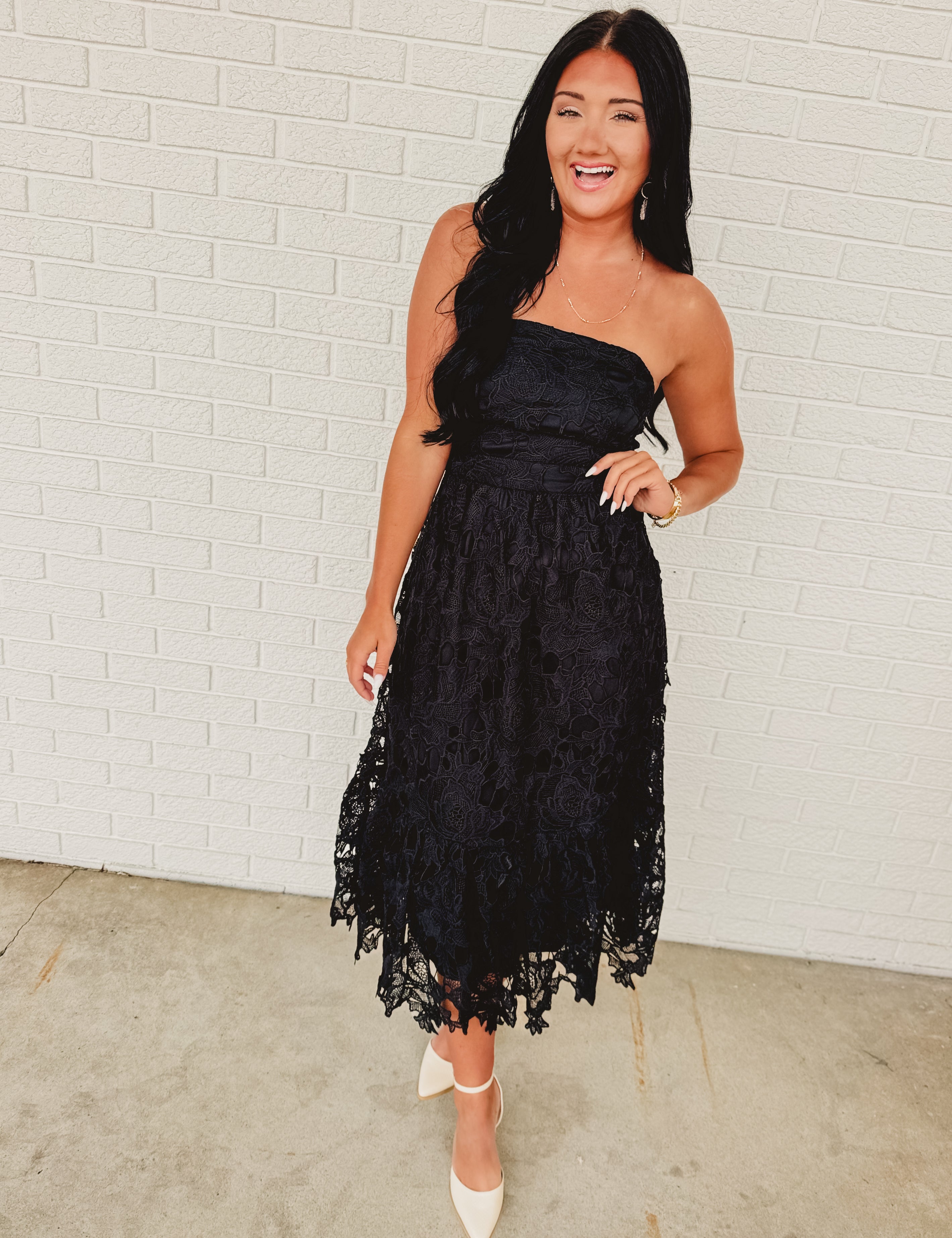 Strapless Woven Lace Midi Dress - Black - Lace and Grace Boutique