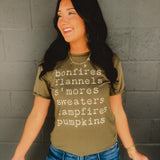 Bonfires, Flannels, & S'mores Graphic Tee - Olive