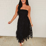 Strapless Woven Lace Midi Dress - Black - Lace and Grace Boutique