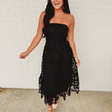 Strapless Woven Lace Midi Dress - Black - Lace and Grace Boutique