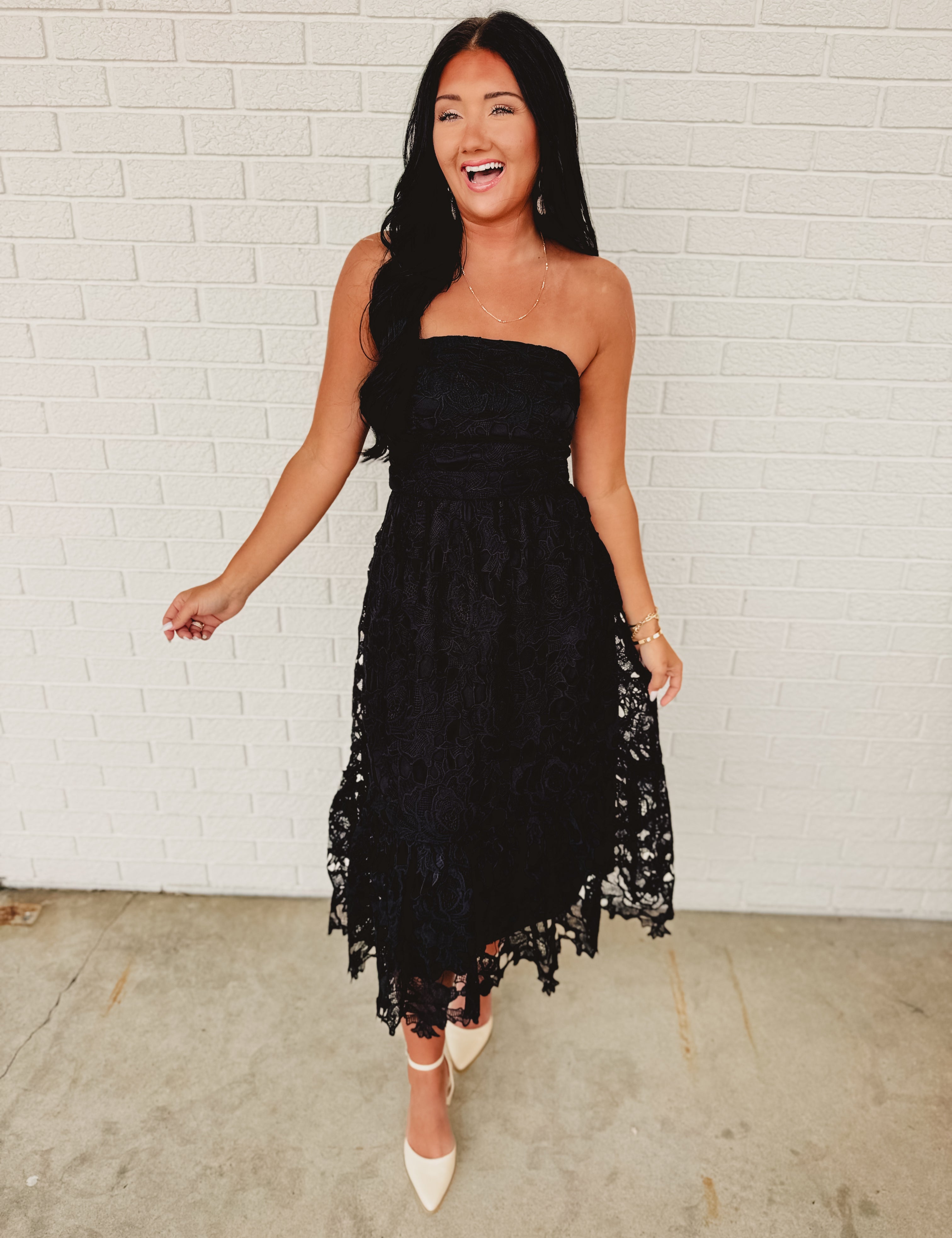 Strapless Woven Lace Midi Dress - Black - Lace and Grace Boutique