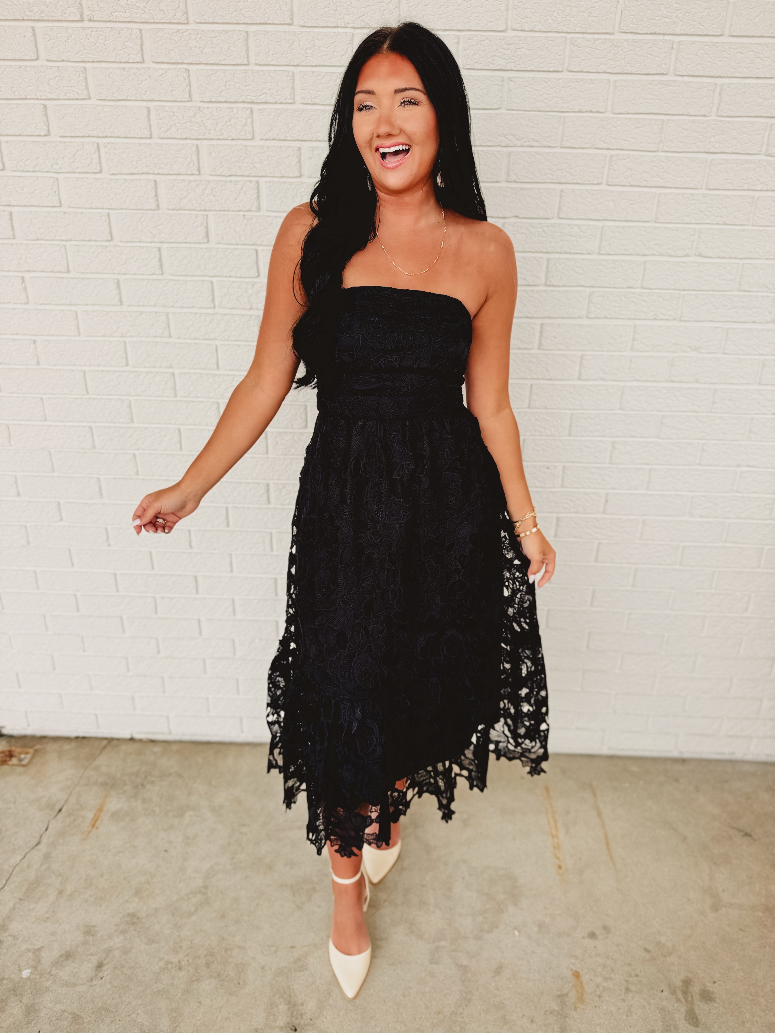 Strapless Woven Lace Midi Dress