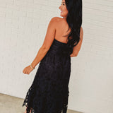 Strapless Woven Lace Midi Dress - Black - Lace and Grace Boutique