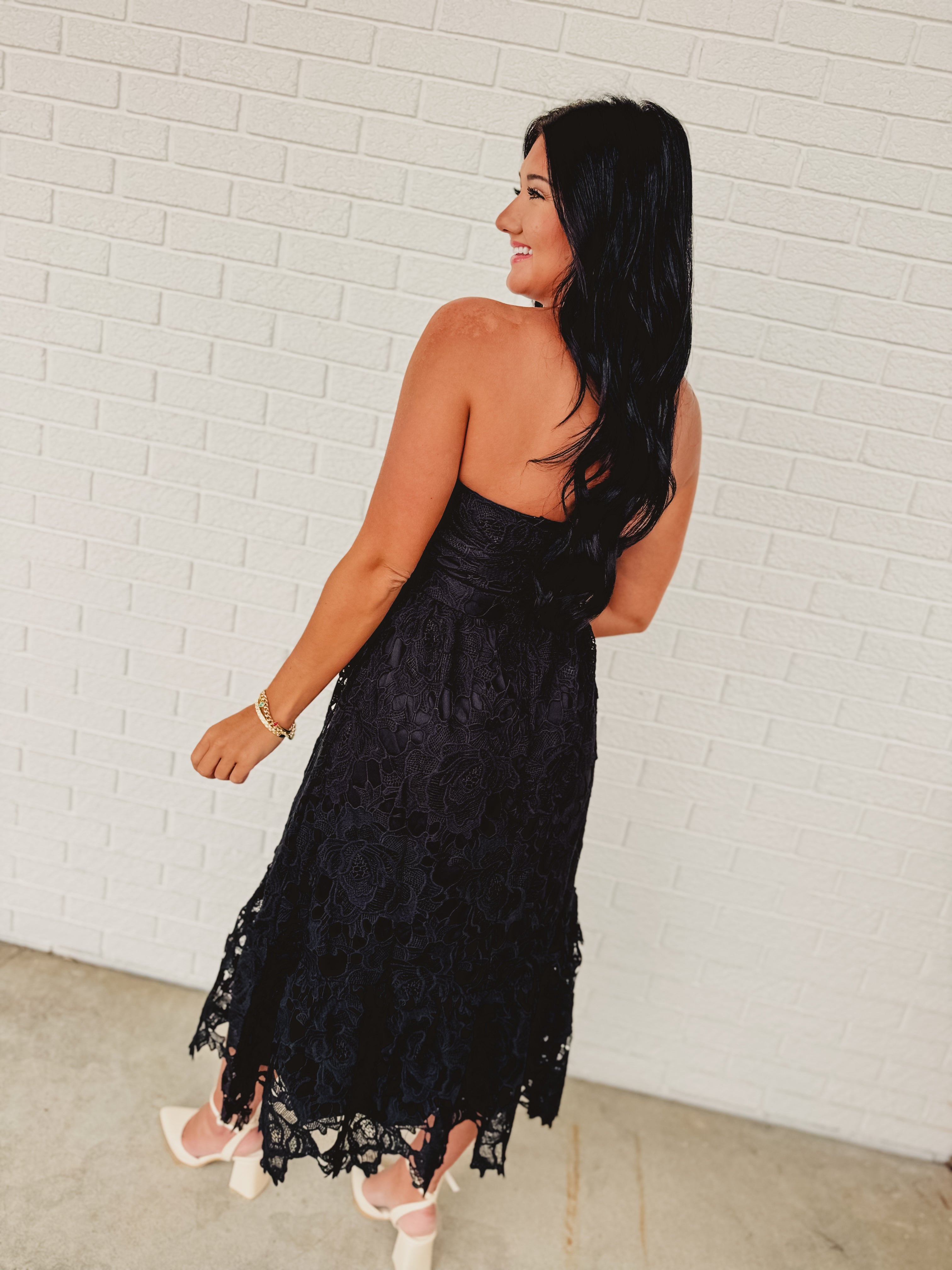 Strapless Woven Lace Midi Dress - Black - Lace and Grace Boutique