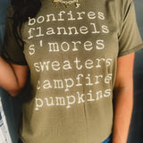 Bonfires, Flannels, & S'mores Graphic Tee - Olive