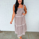 Multi-Gingham Print Tiered Midi Dress - Choco/Cream - Lace and Grace Boutique