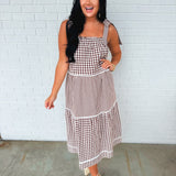 Multi-Gingham Print Tiered Midi Dress - Choco/Cream - Lace and Grace Boutique