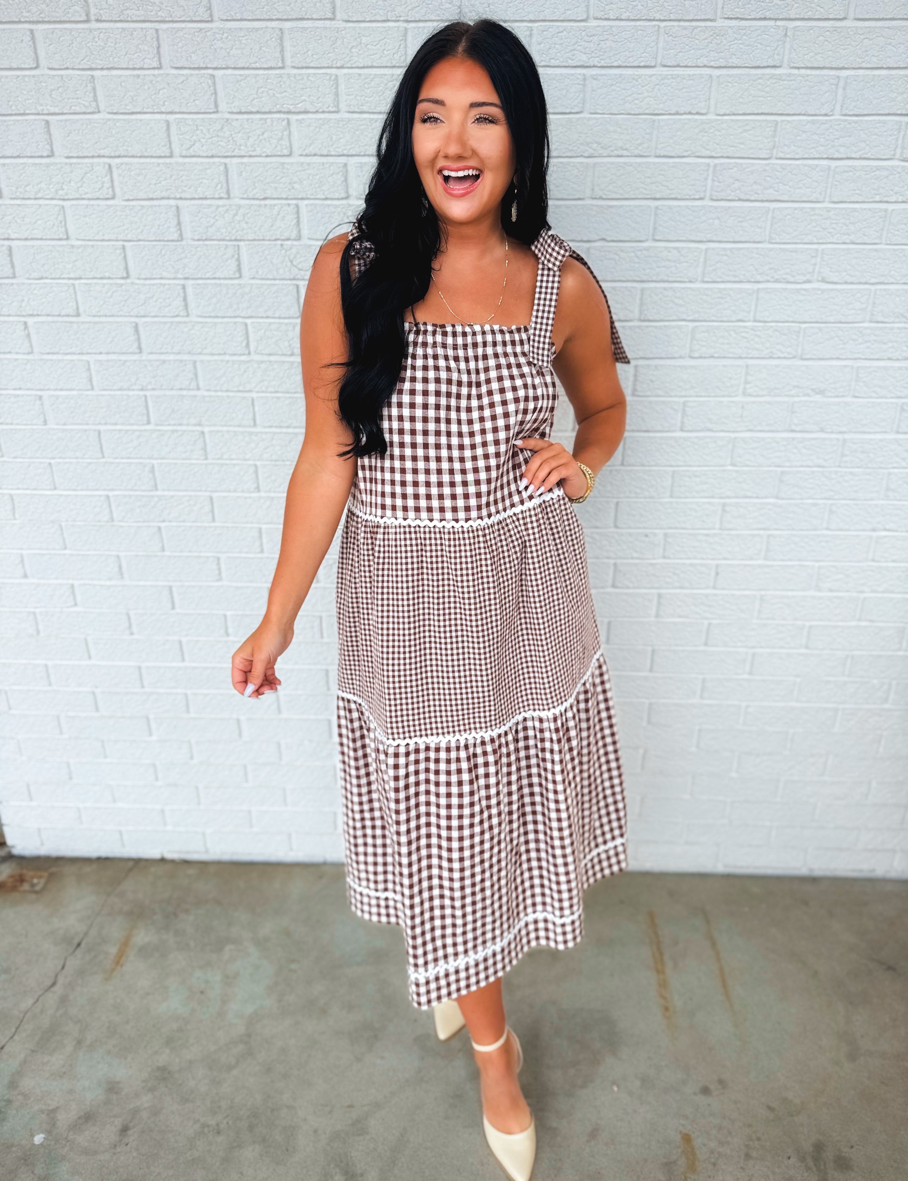 Multi-Gingham Print Tiered Midi Dress - Choco/Cream - Lace and Grace Boutique