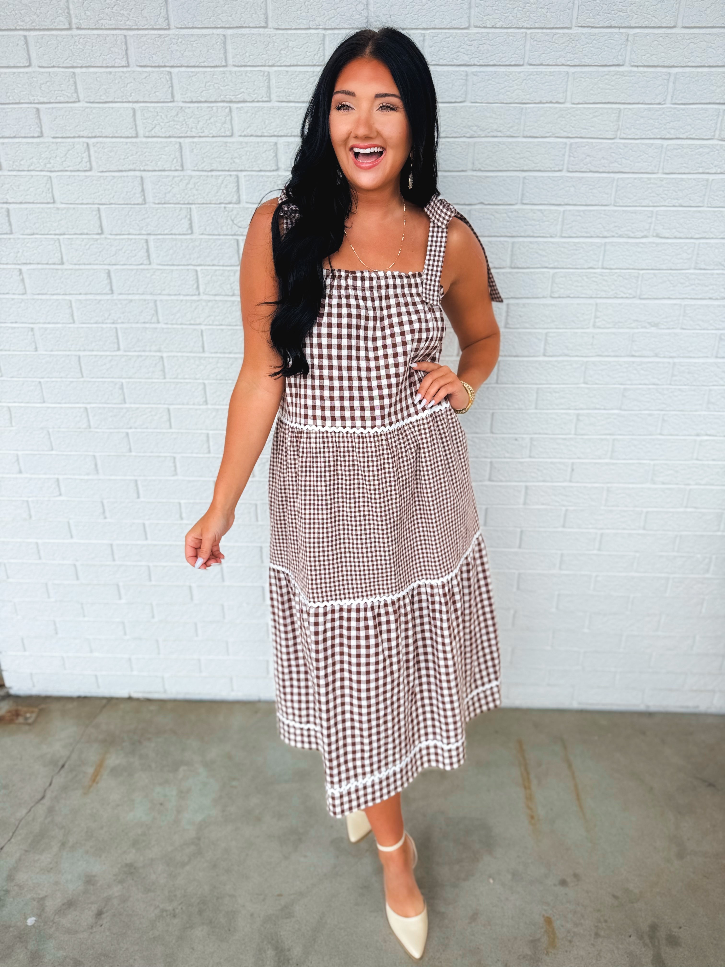 Multi-Gingham Print Tiered Midi Dress - Choco/Cream - Lace and Grace Boutique