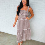 Multi-Gingham Print Tiered Midi Dress - Choco/Cream - Lace and Grace Boutique