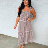Multi-Gingham Print Tiered Midi Dress - Choco/Cream - Lace and Grace Boutique
