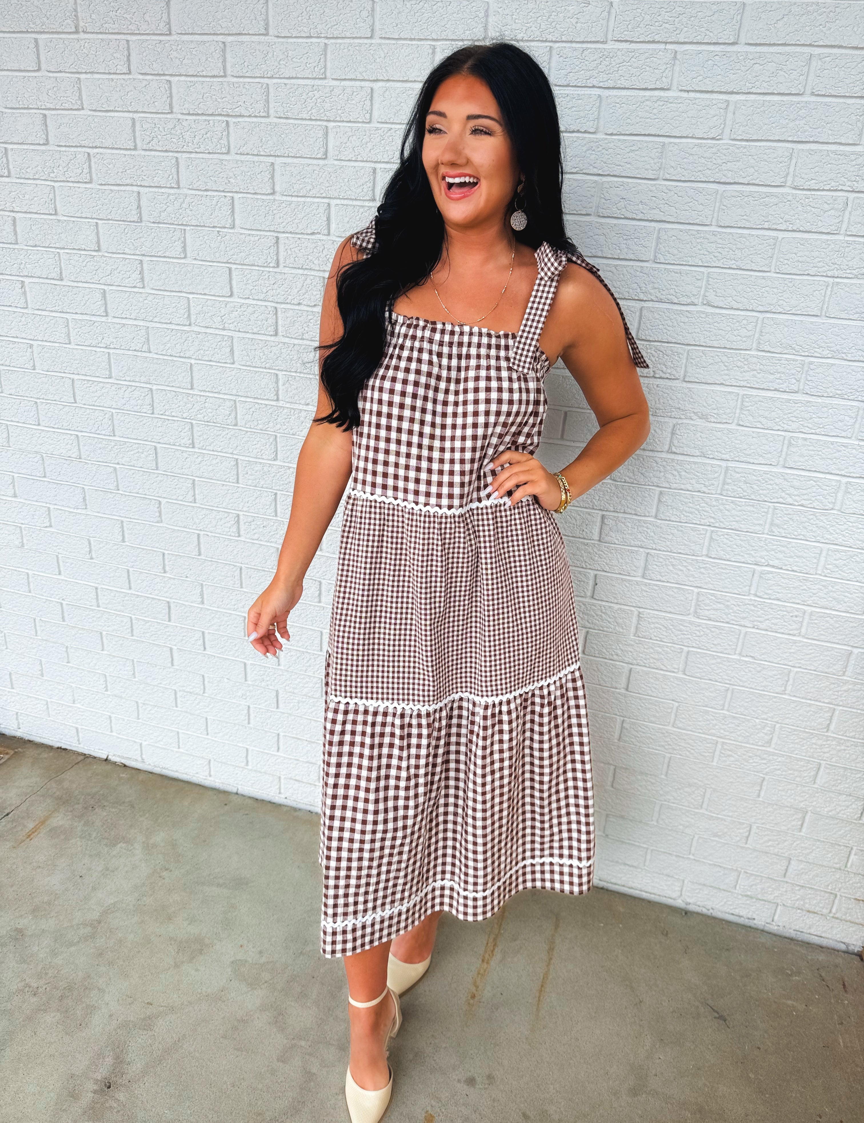 Multi-Gingham Print Tiered Midi Dress - Choco/Cream - Lace and Grace Boutique