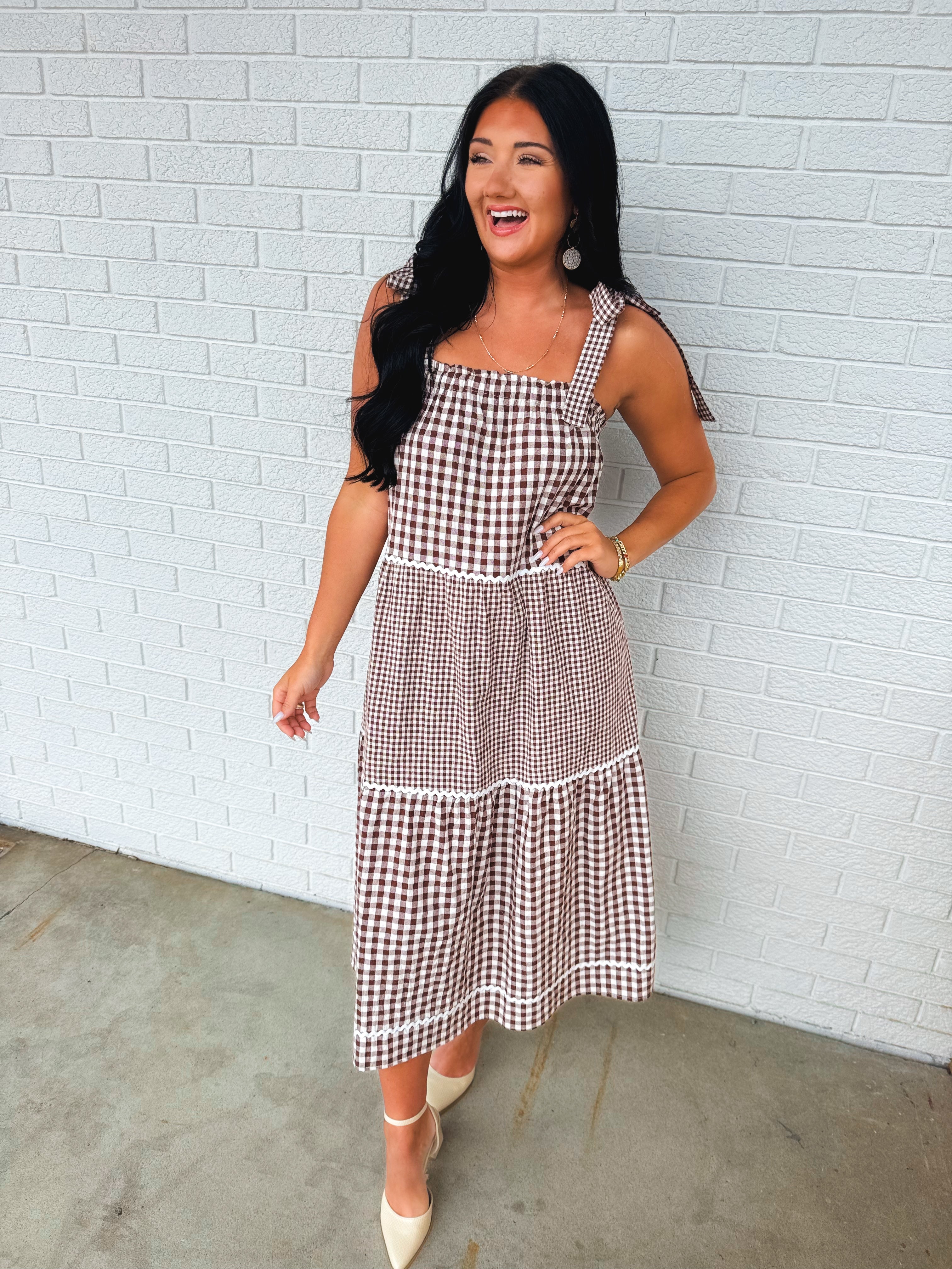 Multi-Gingham Print Tiered Midi Dress - Choco/Cream - Lace and Grace Boutique