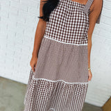 Multi-Gingham Print Tiered Midi Dress - Choco/Cream - Lace and Grace Boutique