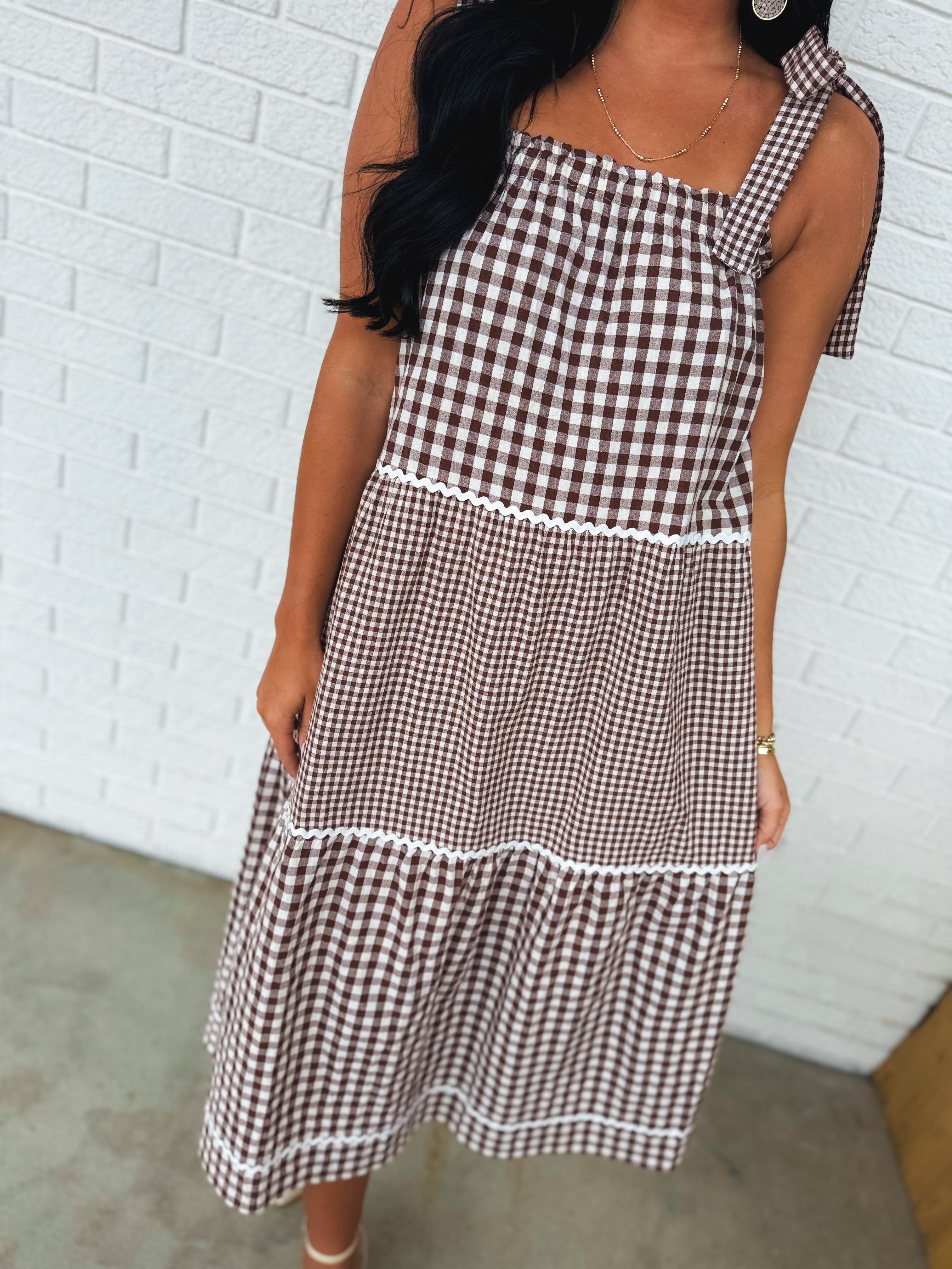 Multi-Gingham Print Tiered Midi Dress - Choco/Cream - Lace and Grace Boutique