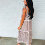 Multi-Gingham Print Tiered Midi Dress - Choco/Cream - Lace and Grace Boutique