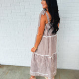 Multi-Gingham Print Tiered Midi Dress - Choco/Cream - Lace and Grace Boutique