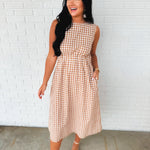 Gingham Check Sleeveless Midi Dress - Taupe - Lace and Grace Boutique