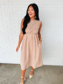 Gingham Check Sleeveless Midi Dress - Taupe - Lace and Grace Boutique