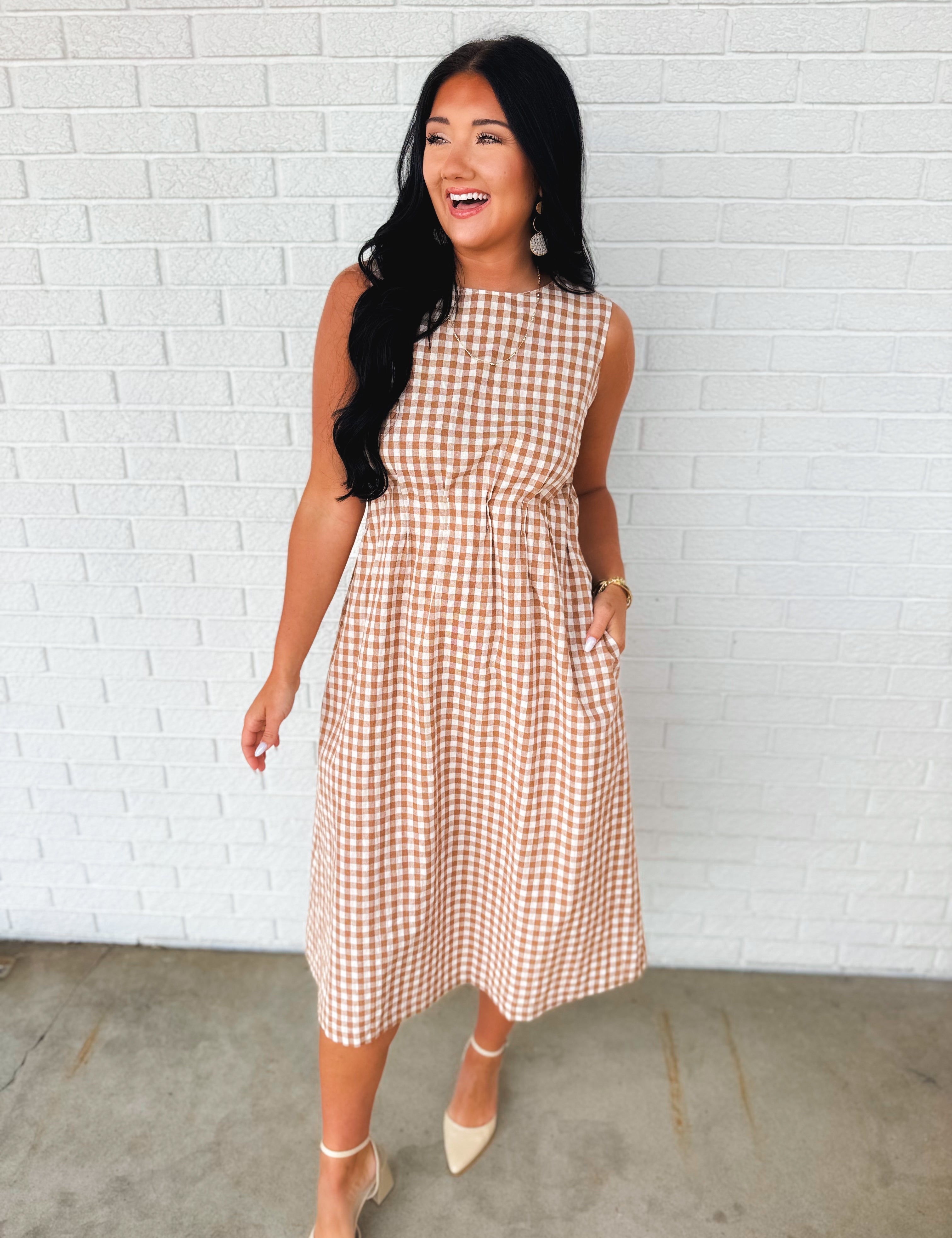 Gingham Check Sleeveless Midi Dress