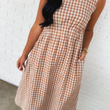 Gingham Check Sleeveless Midi Dress - Taupe - Lace and Grace Boutique