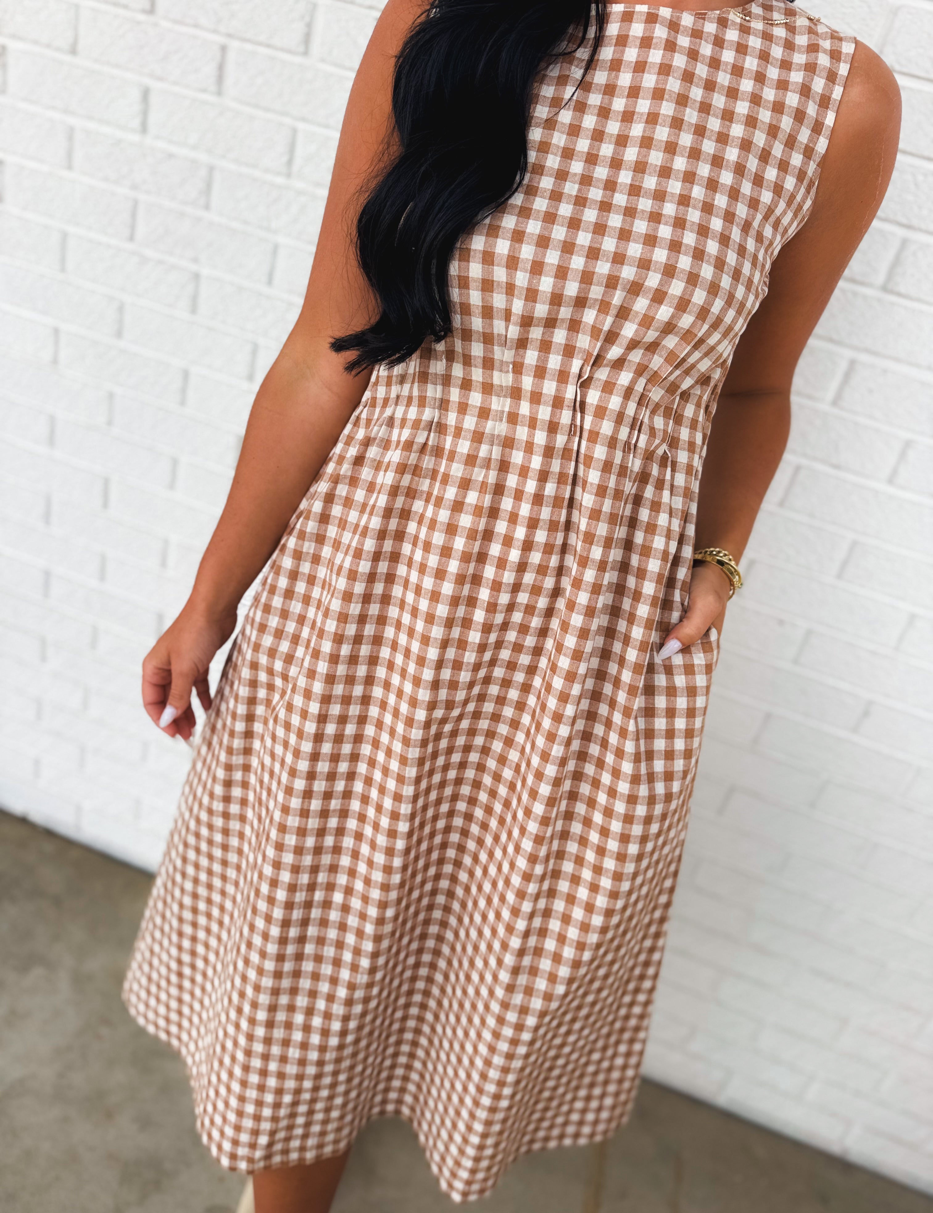 Gingham Check Sleeveless Midi Dress - Taupe - Lace and Grace Boutique