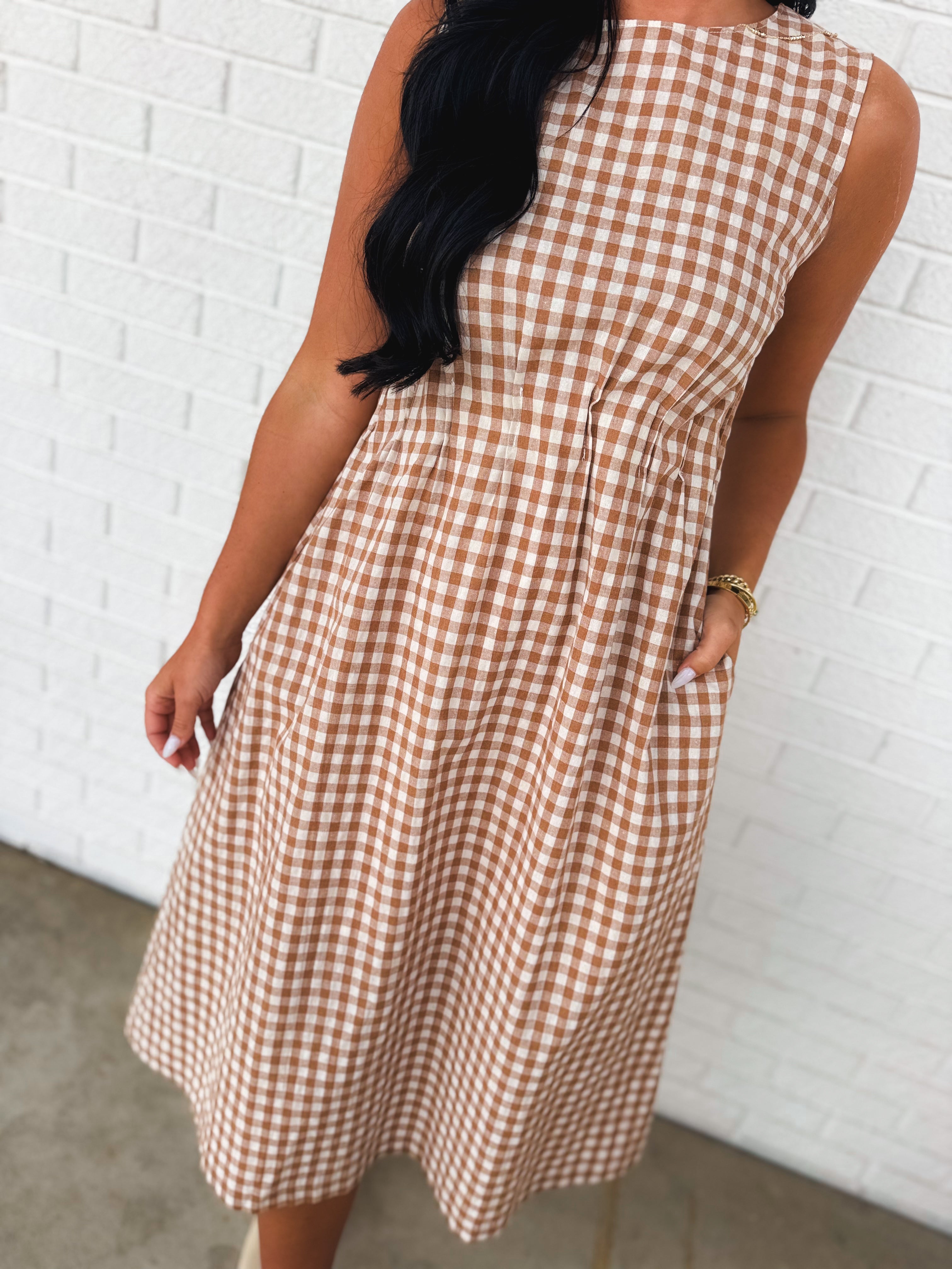 Gingham Check Sleeveless Midi Dress - Taupe - Lace and Grace Boutique