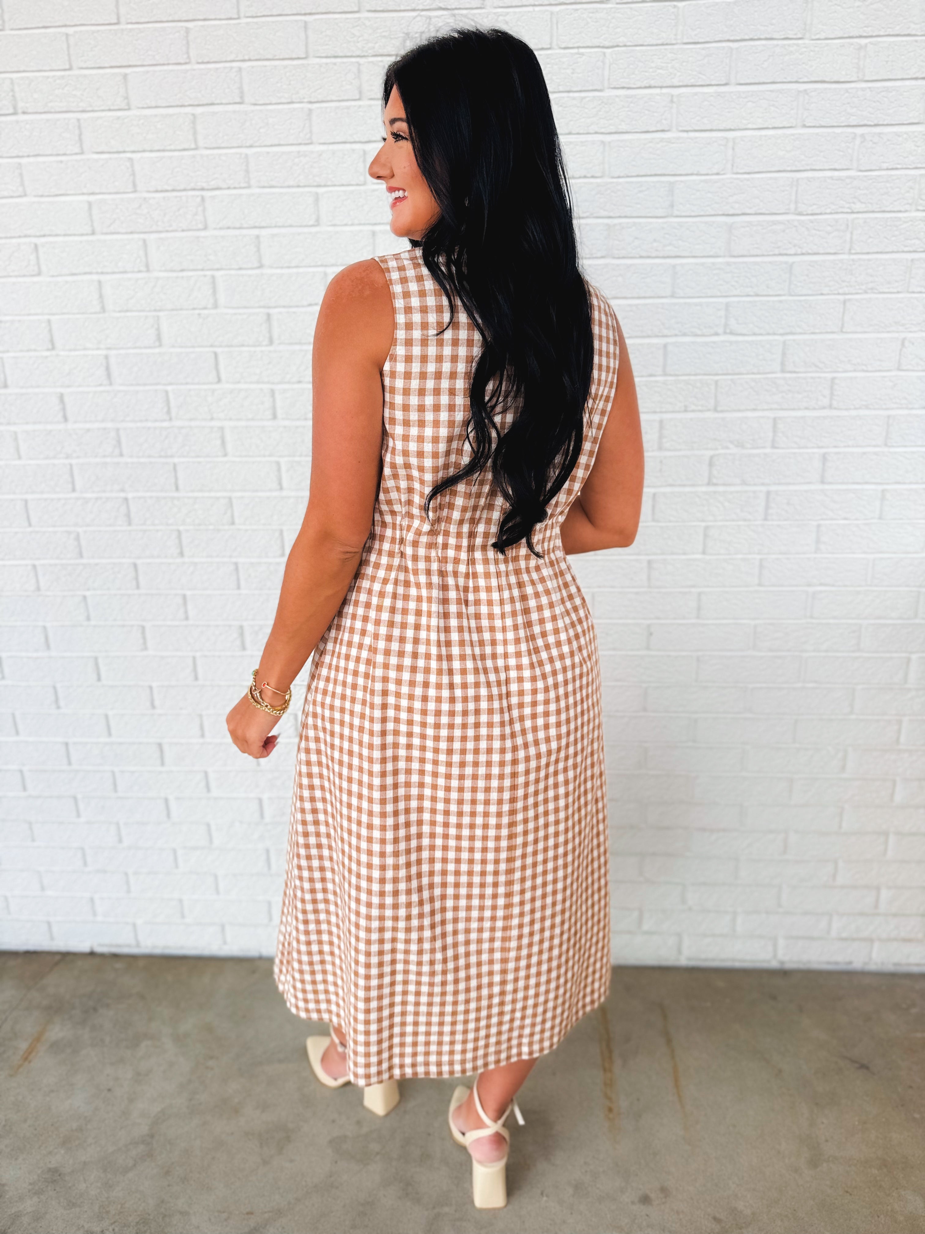 Gingham Check Sleeveless Midi Dress - Taupe - Lace and Grace Boutique