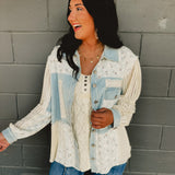 POL Knit Sleeve Denim Jacket - Light Denim