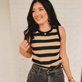 Basic Striped Ribbed Knit Tank - Stone/Black