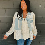POL Knit Sleeve Denim Jacket - Light Denim