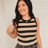 Basic Striped Ribbed Knit Tank - Stone/Black