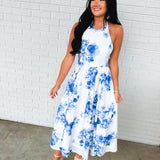 Floral Print High Neck Halter Midi Dress - Blue - Lace and Grace Boutique