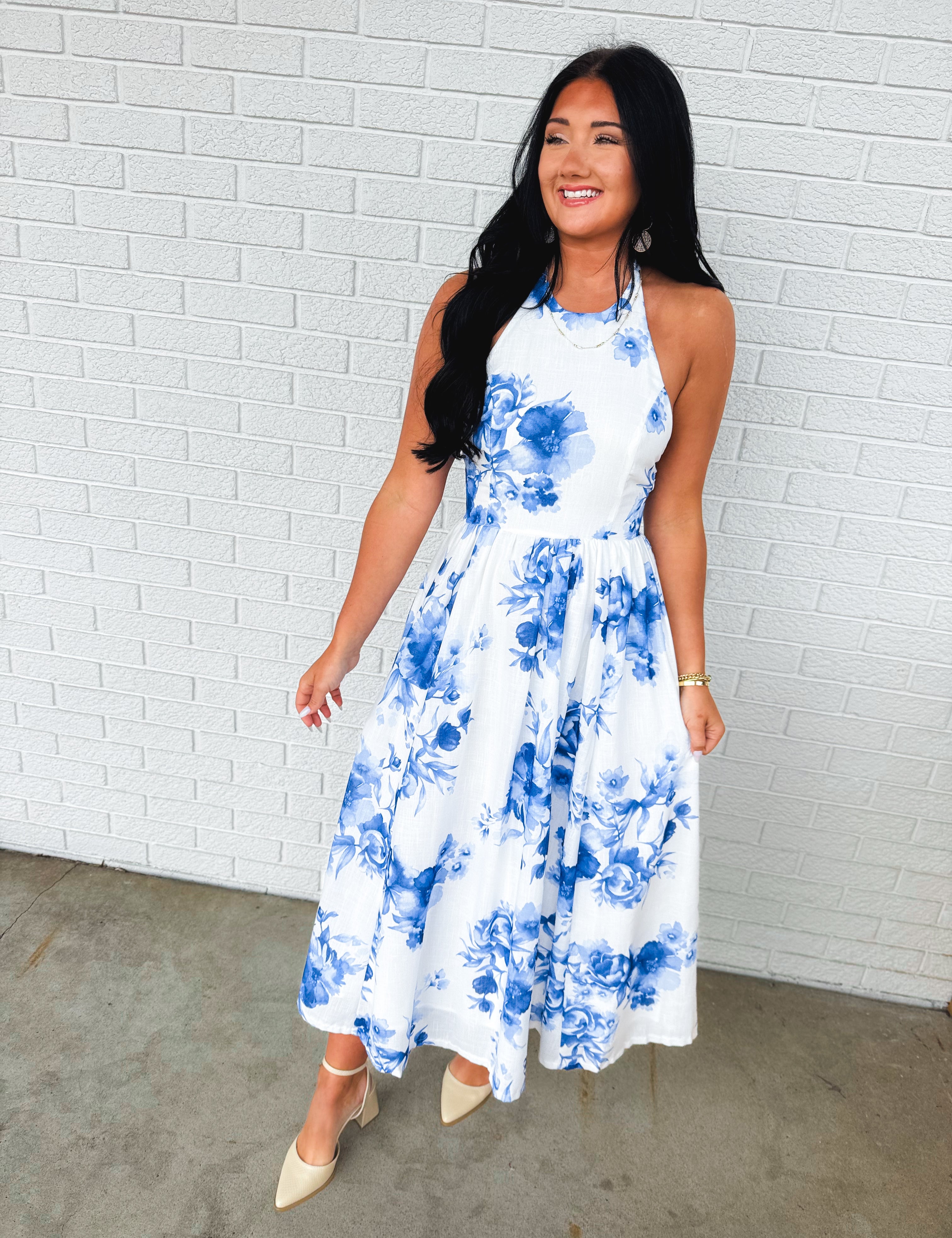 Floral Print High Neck Halter Midi Dress - Blue - Lace and Grace Boutique