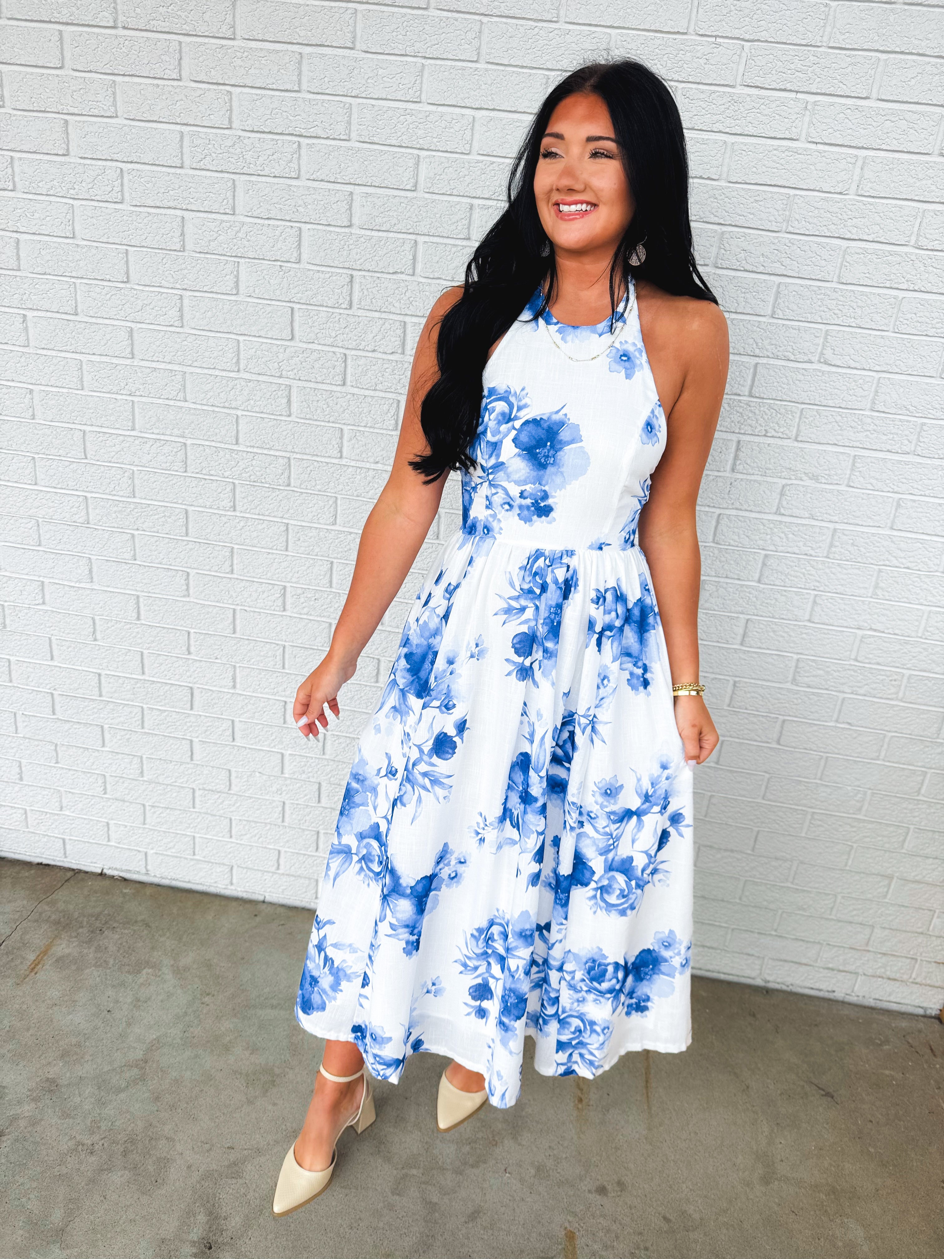 Floral Print High Neck Halter Midi Dress - Blue - Lace and Grace Boutique