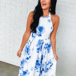 Floral Print High Neck Halter Midi Dress - Blue - Lace and Grace Boutique